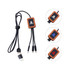 A long light-up charging cable in black and wood finish with multiple charging tips and a logo on the connector.