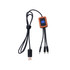 A square-shaped charging cable with a wooden accent. It features multiple connectors and has a textured black cord.