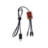 A long square-shaped charging cable with a wooden connector, featuring a black braided cable and a logo on the attachment.