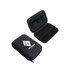 A small black zipper case with an internal mesh pocket and compartments for organisation, featuring a logo.