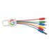 A 6-in-1 charging cable with multiple coloured connectors, featuring a white holder with a logo.
