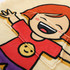 A vibrant wearable blanket featuring a cheerful cartoon character with a red shirt and a smiley face design.