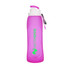 A drink bottle in pink silicone with a white lid and a carabiner, featuring a logo on the side.
