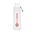 A drink bottle in clear silicone with a red logo and a flip-top cap, designed for collapsibility.