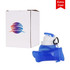 A drink bottle in blue silicone, collapsible design, next to a white box with a logo.