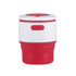 A drink bottle with a red and white design, featuring a collapsible silicone structure and a lid.