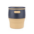 A drink bottle with a collapsible design in cream and navy, featuring a branded logo on the side.