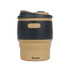 A drink bottle featuring a collapsible silicone design in beige and black, with a logo on the front.