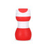 A drink bottle featuring a red and white design, made of collapsible silicone, suitable for travel.