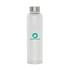 A drink bottle made of clear glass with a stainless steel lid and a green logo. Holds 550ml.