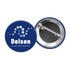 A round button badge in navy blue with a silver backing, featuring a logo and graphic design.