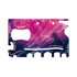 A card-sized multi-tool featuring various functions including a bottle opener, can opener, and phone stand, in vibrant purple tones.