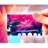 A multi-tool card in vibrant blue and pink featuring a bottle opener, screwdriver, and a phone stand. It has a logo.