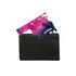 A card-sized multi-tool in purple and blue, partially inserted into a black wallet, featuring various functions.