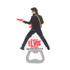 A drink bottle opener shaped like a musician with a guitar, featuring black, white, and red colours, and a logo.