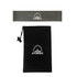 A grey latex fitness resistance band and a black drawstring bag featuring a logo.