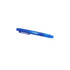 A blue pen with a transparent barrel, featuring a logo and a clip for attaching to items.