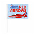 A rectangular cheering flag featuring a red jet and blue background, with white and red branding. The flag is attached to a white stick.