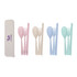 A portable utensils set with three pieces: cutlery in pink, white, and light blue, stored in a cream case with a logo.