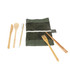 A bamboo cutlery set featuring a knife, spoon, fork, chopsticks, and a straw, contained in a green holder.