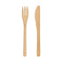 A bamboo cutlery set featuring a fork and knife, both in natural bamboo colour. Includes a branding logo.