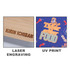A bamboo cover featuring laser engraving and a vibrant UV print design in various colours.