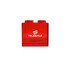 A red square block coin bank with two rounded tops and a logo on the front.