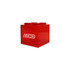 A red square block coin bank with a logo, featuring a distinct block shape.