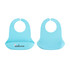 A light blue silicone bib with a snap closure and a pocket for catching food. It features a logo.