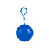 A blue ball with a clip attachment, designed to hold a rain poncho inside, featuring a simple circular shape.