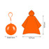 An orange rain poncho packaged as a ball, featuring a hook for attachment. The poncho unfolds to a large size.