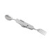 A stainless steel camping cutlery tool featuring a spoon, fork, and bottle opener, with a sleek, compact design.