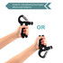 A black adjustable hand grip, designed for strengthening fingers, elbows, and forearms, held in two different hand positions.