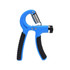 A blue and black adjustable hand grip with a spring mechanism, designed for grip strength training.