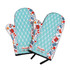 A pair of turquoise neoprene oven mitts with a playful kitchen-themed pattern and a branding logo.