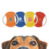 A collection of four Rope Frisbee dog toys in orange, blue, yellow, and red, featuring different logos.