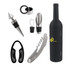 A drink bottle shaped set featuring a corkscrew, pourer, stopper, and seal, with a matte black finish and branding.