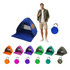 A blue pop-up beach tent with a carrying pouch. Available in various colours including orange, purple, green, and camouflage.