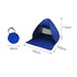A blue pop-up beach tent with dimensions, alongside a compact carry bag, ideal for leisure and outdoor use.