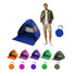 A blue pop-up beach tent with various colour options, alongside a person holding a compact carrying bag.