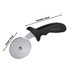 A pizza cutter with a stainless steel blade and a black ergonomic handle, measuring 10cm blade and 12cm handle.
