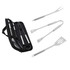 Three stainless steel barbecue tools including a spatula, fork, and tongs, packaged in a black pouch.