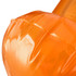 An orange inflatable chair with a smooth, glossy texture and distinct ridges. It features a simple design and a logo.