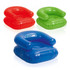 Custom inflatable chairs in red, green, and blue, featuring rounded backs and armrests, with a logo on one chair.