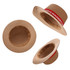 A straw hat in light brown with a red ribbon band and an interior view, featuring a logo.