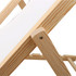 A close-up of a wooden beach chair, featuring a light timber frame and a white fabric seat.