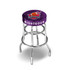 A custom barstool with a purple seat and chrome legs, featuring a logo on the cushion.
