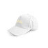 A white cap featuring a logo, designed with eco-friendly materials for headwear.