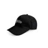 A black cap with a curved brim and a logo on the front, featuring a classic design.