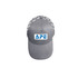 A grey cap with a front logo and patterned trim featuring alternating text.